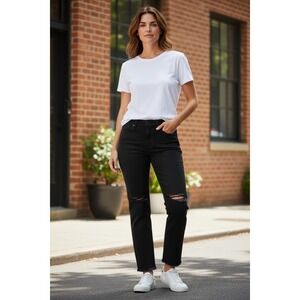 Jen7 Petite‎ Slim Straight Black Jeans Size 10P Distressed Hem Ripped KneeNWT